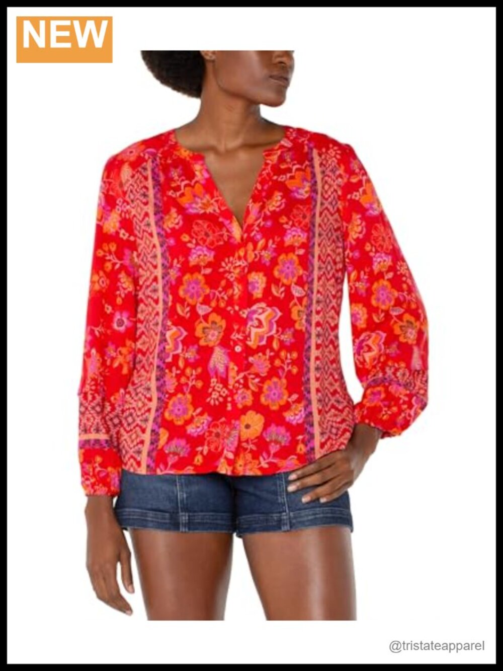 Petite Long Sleeve Button Front Shirred Woven Blouse 100% Viscose Modal
